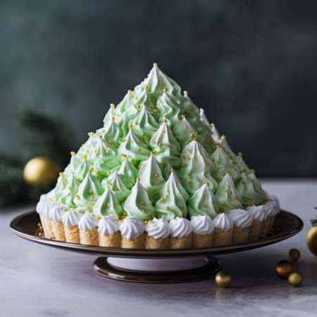 a pie with green frosting and gold sprinkles, resembling the style of samyang af 14mm f28 rf lens. the pie is adorned with volumetric lighting, xmaspunk elements, smooth lines, and mote kei aesthetics. it creates a lively tableau on a table, surrounded by ethereal cloudscapes. ai generatedの素材