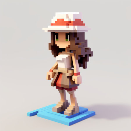 a 3d model of a girl is showcased on a white wooden base, featuring a pixel art style. the design incorporates elements of travel, with a combination of light red and dark beige colors. created by the renowned artist eiichiro oda, this 32k uhd model boasts a crisp and clean look, while exuding a cute and colorful aesthetic. ai generatedの素材