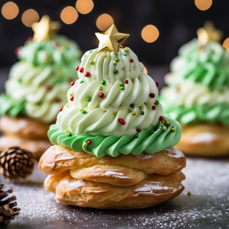 three small cookies, in the style of a wavy, light green and emerald christmas tree, are beautifully decorated with icing and pinecones. the bold and vibrant colors, captured with an angenieux 45-90mm f2.8 lens, make these cheese cookies stand out. this innovative technique, showcased in 32k uhd, brings the festive spirit to life. ai generatedの素材