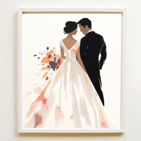 the bride silhouette print by martini weddings showcases a stunning large-scale brushstroke style. the colors of light orange, light maroon, light white, and dark navy create a captivating contrast. meticulous detail and brushwork are evident in this close-up shot, set against a clean white background. ai generatedの素材