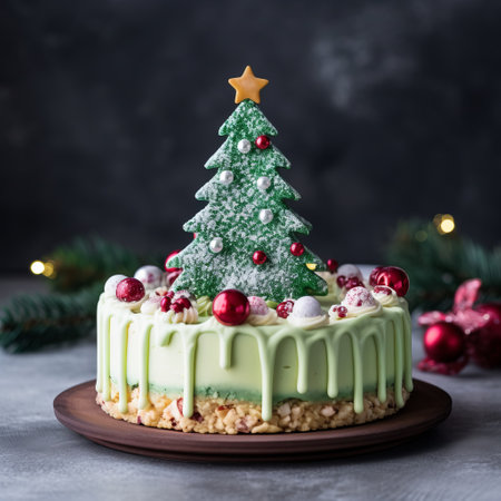 the cake with cream and decoration features a green tree iced with christmas decorations. the split toning style, avocadopunk, and samyang af 14mm f28 rf lens capture the accurate and detailed essence of this tabletop photography. the image showcases a festive and christcore-inspired cake, perfect for holiday celebrations. ai generatedの素材