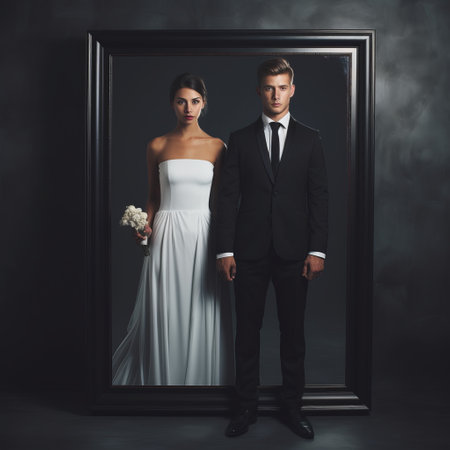 a surreal portrait of a man and woman in wedding attire, standing in front of a dark frame. the composition showcases meticulous photorealistic still lifes and mirror-like symmetry. this photography installation combines elements of surrealism and photo-realistic compositions, creating a captivating and thought-provoking image. ai generatedの素材