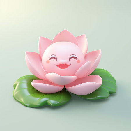 a cute pink lotus flower rests on a vibrant green background, showcasing a playful character design in the style of sketchfab. the organic sculpting of the flower highlights its strong facial expression, while the use of ivory and color gradients adds a touch of oshare kei influence. ai generatedの素材