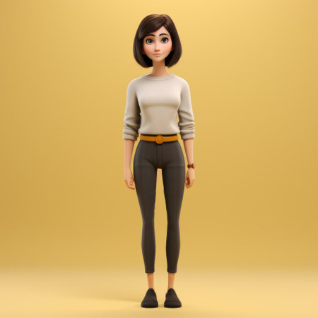 a 3d cartoon girl model showcasing high-quality female headshots. this image features a meticulously designed full-body model with a simple minimalistic style. the sepia tone adds a touch of elegance, while the soft-focus technique enhances the overall aesthetic. the light yellow and dark gray tones create a visually appealing contrast. ai generatedの素材