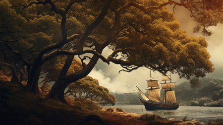 the photo showcases a stunning depiction of brown trees, reminiscent of detailed ship sails in the style of matte painting and maranao art. this uhd image captures the essence of 17th-century realistic landscapes, characterized by soft, tonal colors. it exudes the beauty of australian tonalism. ai generatedの素材