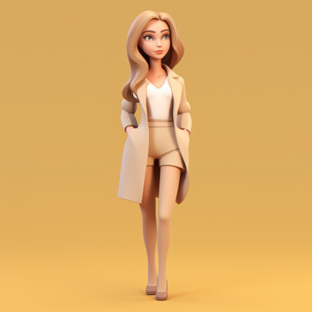 a model cartoon style girl wearing a coat and shorts stands against a vibrant yellow background. the artwork showcases vray tracing, with a light beige and white color palette. the organic sculpting technique adds depth to the image, while the double tone effect enhances its visual appeal. this award-winning illustration exudes an elegantly formal, clean, and streamlined aesthetic. ai generatedの素材