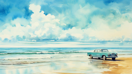 a dreamlike illustration of a painting on a beach, featuring classic american cars in a charming character style. the light aquamarine and azure colors create an emotional watercolor effect. this uhd image captures the horizons and merges the beauty of the beach with the nostalgic charm of classic cars. ai generatedの素材
