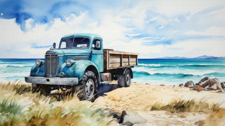 a blue truck is depicted in a hand-drawn watercolor style on a white sand beach. the artwork draws inspiration from various artistic influences such as soviet socialist realism, australian landscape, jc leyendecker, realistic seascapes, and the romantic landscapes of mandy disher. the image has a resolution of 3840x2160. ai generatedの素材