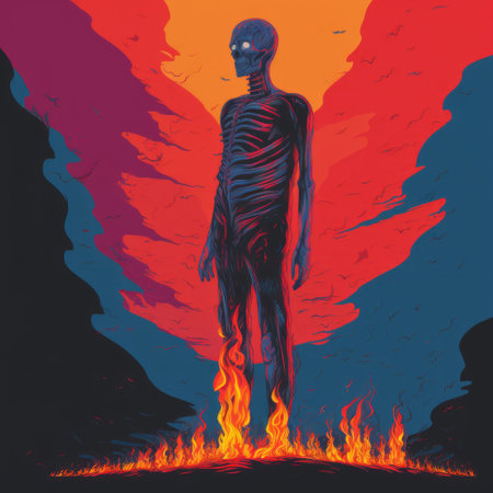 an illustration featuring a fiery scene with a devilish skeleton standing on a hill. the artwork showcases emotive fields of color, incorporating elements of human anatomy in dark crimson and sky-blue hues. created using sheet film and bold lithographic techniques, this piece belongs to the palewave style and captures psychological phenomena in its intricate details. ai generatedの素材