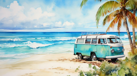a blue vw bus is parked on a beautiful beach, depicted in delicate watercolor style. this retro visual captures the essence of the zaire school of popular painting, with tropical symbolism and traditional oil-painting techniques. the uhd image showcases the aquarellist's skill in creating a stunning beachscape. ai generatedの素材
