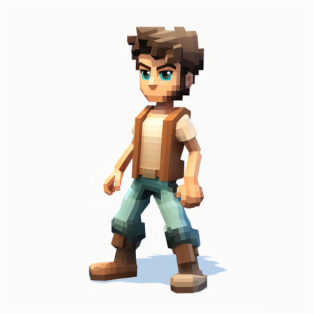 a boy, dressed in a blue shirt and jeans, is depicted in this voxel art style photograph. the inventive character designs showcase a combination of light bronze and dark beige tones. the animated action captured in the image adds a dynamic element, while the strong sense of light emphasizes the intricate character design. the stone elements in the background add an additional layer of depthの素材