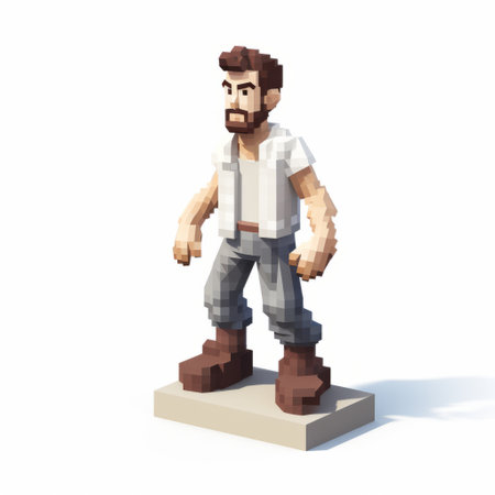 a voxel art figure, resembling the style of frank frazetta and michelangelo, stands tall in a pair of jeans and a top hat. made of red and yellow blocks, this realistic and hyper-detailed rendering showcases the influence of george lucas in its white and beige color scheme. ai generatedの素材
