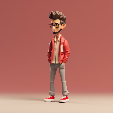 a 3d model of a man with glasses standing, featuring a cartoonish character design. the model is rendered in a light crimson color, portraying a youthful protagonist. the artist has employed a hard edge painting technique with subtle shading, resulting in spiky mounds and a childlike appearance. ai generatedの素材