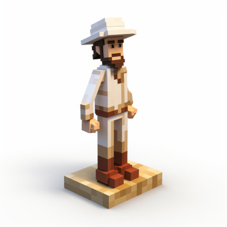 a man in white and grey hats and overcoat stands on a block in the style of voxel art, reminiscent of traditional mexican design. the artwork showcases light white and brown tones, resembling historical reproductions from the era of 500-1000 ce. with a touch of mcdonaldpunk aesthetic, the man's toy-like proportions add a unique charm to the overall composition. ai generatedの素材