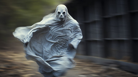 a surreal silhouette of a man in white running on a path, creating a nightmarish atmosphere. the image captures the artistic styles of bill gekas and alex ross, with a slumped and draped figure. the selective focus highlights the detailed costumes, while the motion blur adds a sense of movement to the scene. ai generatedの素材