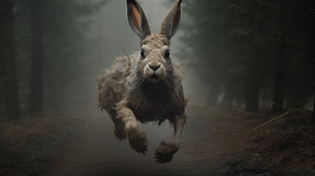 a brown rabbit dashes through the forest, accompanied by other wild animals, on a dirt road. this powerful and emotive portraiture, reminiscent of the styles of adam martinakis, jakub ralski, and peter lippmann, captures the close-up moment with a touch of mist, creating a mesmerizing 8k 3d image. ai generatedの素材