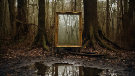 a golden mirror in the forest, captured in 2015, showcases a photo-realistic landscape with dark and foreboding elements. this national geographic photo draws inspiration from dutch landscapes, featuring whimsical subject matters. the artist's frame beautifully captures the decaying landscapes, creating a captivating visual experience. ai generatedの素材