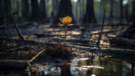 a flower emerges from the waterlogged soil, bathed in a captivating golden light. this mesmerizing image captures the essence of a mysterious jungle, showcasing the intricate details through the lens of the zeiss batis 18mm f2.8. an award-winning, ultra-high-definition (uhd) photograph with a touch of southern gothic, reminiscent of a national geographic masterpiece. ai generatedの素材
