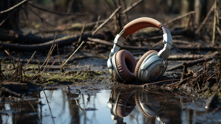 pair of headphones submerged in water on the grass, featuring earth-toned design with distressed edges. the headphones showcase a combination of light silver and brown colors. the photograph was captured using a tokina at-x 11-16mm f/2.8 pro dx ii lens, highlighting the intricate detailing of the timber frame construction. the image offers an expansive view of the scene. ai generatedの素材