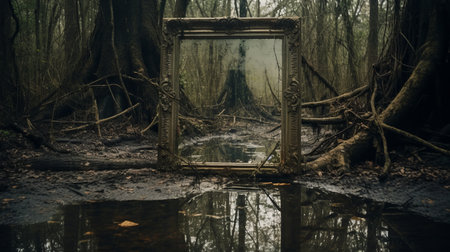 a photo by jacob dreyfus captures a surreal forest scene, reminiscent of a hall of mirrors. the artist's frame highlights the dark and gritty atmosphere, while the nikon d750 camera beautifully captures the soggy, southern countryside. the image showcases surreal juxtapositions, creating a captivating visual experience. ai generatedの素材
