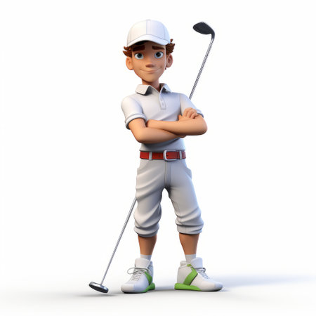 a cartoon golfer in 3d, featuring youthful protagonists and a crisp, clean look. the photo showcases intertwining materials and utilizes photo-realistic techniques. with a matte finish, this associated press photo captures a lit kid enjoying the sport. ai generatedの素材