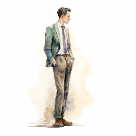 a watercolor illustration of a man by the artist andrew hem. the artwork showcases an elegant and refined style, with a color palette of light brown and green. the highly detailed and crisp image highlights the artist's refined technique, resulting in a clean and visually pleasing look. this uhd image captures the beauty of the artwork in stunning detail. ai generatedの素材
