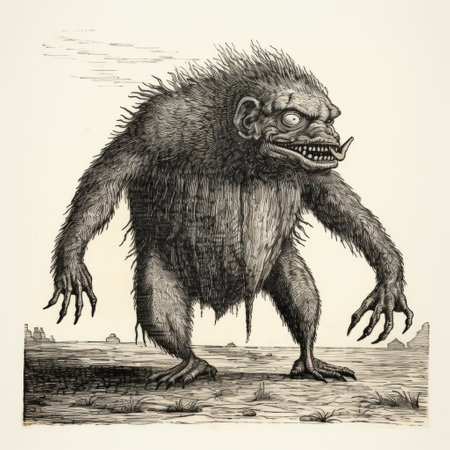 a highly detailed illustration of a big monster with long limbs, reminiscent of atmospheric etchings. this satirical caricature draws inspiration from the works of frederick arthur verner, maurice sendak, and david finch, showcasing grotesque and exaggerated features. ai generatedの素材
