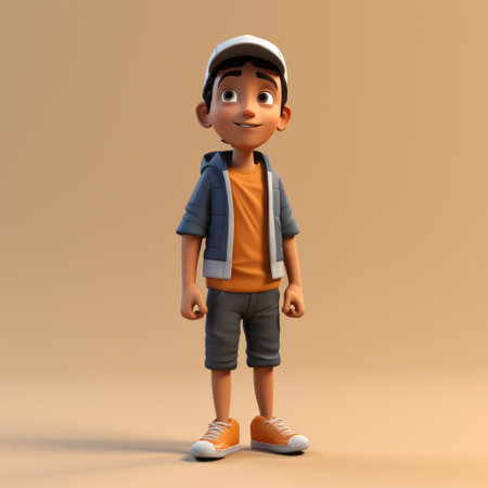 an animated boy is depicted standing on a beige background in this photo. the boy is rendered in a realistic and hyper-detailed style, with a cartoonish character design. the image was created using maya, resulting in a photo-realistic and high-definition (uhd) quality. this artwork is reminiscent of the quito school. ai generatedの素材