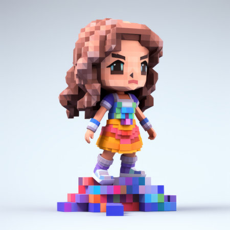 a voxel art animation featuring a girl standing on a pile of blocks. this polychrome sculpture showcases detailed character expressions and adorable toy sculptures. with a limited color range, the rainbowcore style adds a vibrant touch to the full-body depiction. ai generatedの素材