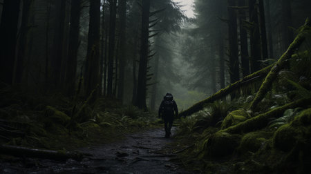 a person walks down a mossy forest path, surrounded by a dark and gritty atmosphere. this captivating documentary photo showcases the scoutcore and northwest school styles, with an 8k resolution capturing every detail. the smokey background adds an otherworldly touch, reminiscent of alien worlds. ai generatedの素材