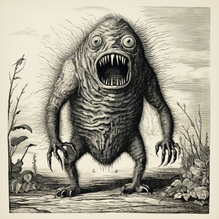 a highly detailed cartoon illustration of a monster-like creature, reminiscent of atmospheric etchings from the years 1860-1969. this illustration falls under the genre of wimmelbilder and showcases sharp, prickly features. it exudes an apocalyptic art vibe. ai generatedの素材