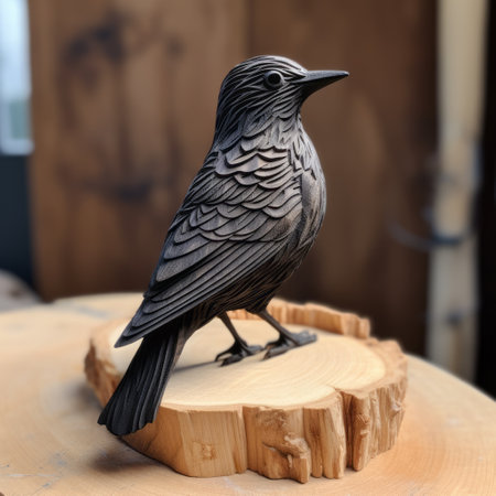 a black bird perched on a wooden stump, showcasing the exquisite craftsmanship of metalworking mastery. the artwork, created in the style of dark silver and light bronze, is highly detailed and reminiscent of the renowned artist edmund leighton. this stunning piece was commissioned for rtx on and can be viewed on sketchfab. ai generatedの素材