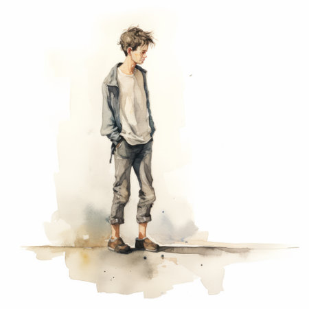 a boy stands on the pavement in this expressive watercolor painting. the detailed character design showcases the artist's skill, while the gray and beige color palette adds a sense of depth. the painting exudes a fashion sketch vibe, with elements of cargopunk style. the youthful protagonist and rough clusters of brushstrokes create a captivating visual narrative. ai generatedの素材