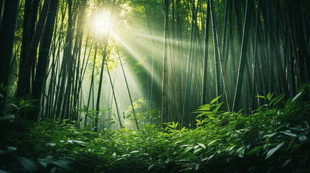 a mesmerizing capture of a bamboo forest illuminated by a radiant beam of light, showcasing the exquisite craftsmanship of eco-friendly design. this stunning uhd image, taken with a graflex speed graphic camera, captures the ethereal mist and captivating god rays, reminiscent of a national geographic masterpiece. ai generatedの素材
