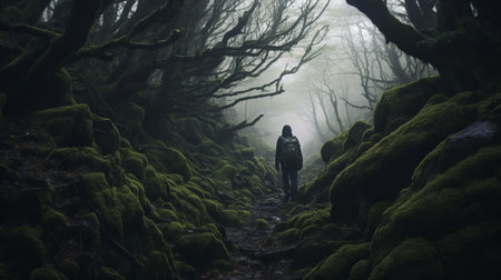 a person walks down a mossy forest path, captured through the lens of the dark and brooding designer, carl zeiss distagon t 15mm f/2.8 ze. this captivating documentary photo showcases an adventure-themed atmosphere, with mysterious seascapes and epic portraiture. the contrast-focused photos add an extra layer of intrigue to the scene. ai generatedの素材