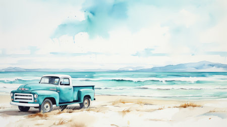 vintage truck on a salty beach of summer, depicted in a watercolor background. this free stock illustration, in the style of thomas w schaller, showcases a teal-colored truck. the artwork, with dimensions of 3840x2160, was commissioned for its romantic seascapes and american realism. the sky-blue hues add to the overall charm of the scene. ai generatedの素材