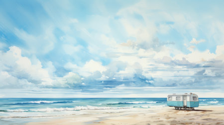 the blue camper perches atop a picturesque beach, surrounded by ethereal cloudscapes and panoramic horizons. this digital painting captures the romantic seascapes in soft watercolors, creating a monochrome masterpiece of tranquil beauty. ai generatedの素材