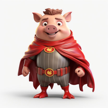 a 3d cartoon pig wearing a cape, slacks, and hat, showcasing a heroic and masculine style. this detailed character illustration, created using octane render, features vibrant shades of light crimson and red. the design draws inspiration from the rinpa school, superheroes, and moche art. ai generatedの素材