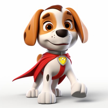 a cartoon dog with a strong facial expression is depicted wearing a red cape and holding a comic book. rendered in the style of unreal engine, the image showcases a youthful and vibrant character. the lighting is a combination of light white and light orange, creating a visually appealing contrast. the photo was taken with back button focus, resulting in a sharp and focused subject.の素材