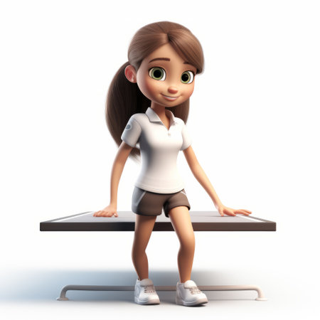cartoon girl standing on a desktop table in a stock photo. the image showcases hyperrealistic details and features youthful protagonists. the color scheme is predominantly white and bronze. the photo captures the essence of animated gifs, traincore, and wovenperforated styles. it is a high-quality image with intricate details. ai generatedの素材