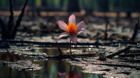 a watered down lotus flower emerges from a swamp, showcasing vibrant hues of pink and orange. captured with the carl zeiss distagon t 15mm f/2.8 ze lens, this photograph embodies the essence of cambodian art. the sparse background and poetic composition create a captivating landscape, beautifully captured with the sony alpha a1. ai generatedの素材
