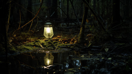 a metal lamp, illuminated by the moon, stands in the dark forest. the photo captures the style of translucent water, with softbox lighting creating a mesmerizing effect. this urban exploration shot, in 8k resolution, showcases reflections and depicts the beauty of everyday life. a captivating national geographic-worthy image. ai generatedの素材