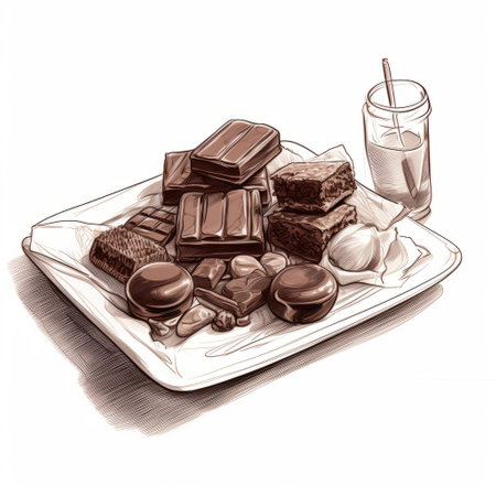 a plate of chocolates sits on the dining room table, beautifully depicted in a highly detailed illustration with an emphasis on brushwork. the architectural illustrator has captured the urban grittiness in a loose and painterly style, reminiscent of the works of mars ravelo. ai generatedの素材