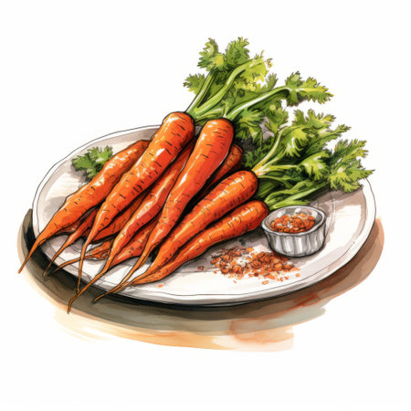 carrots with spices are beautifully arranged on a plate, capturing the essence of a realistic portrait painter's style. the ink and wash technique adds depth and texture to the image, reminiscent of realistic marine paintings. the carrots appear slightly soggy, with a hint of grit and grain, creating a visually captivating composition. this artwork could easily be mistaken for a stunning storybook illustration. ai generatedの素材