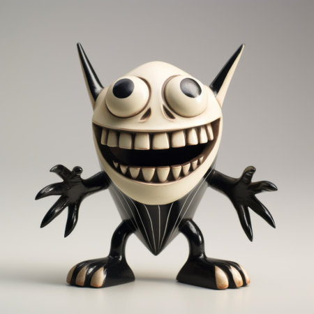 the nightmare before christmas horror vinyl figurine is a cartoonish character design with spiky mounds and symmetrical asymmetry. its shiny eyes and satirical caricature add to its unique appeal. rendered in maya, this figurine is expertly crafted to play with light and shadow, creating a visually captivating piece. ai generatedの素材