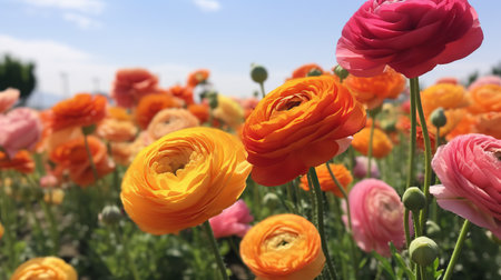 a vibrant field of red and orange flowers blooms under a clear blue sky. the flowers are in the style of light pink and light amber, creating a stunning visual contrast. the close-up shot captures the intricate details of the petals, showcasing the beauty of nature. the colors range from snailcore to light emerald and light amber, adding a touch of uniqueness. the overall sceneの素材