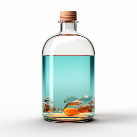 an empty bottle with water and a lemon inside, featuring a hyperrealistic marine life theme. the dark turquoise and light orange color scheme adds a captivating touch. the composition is scattered yet balanced, with a realistic perspective that enhances the distillation of forms. this captivating storybook illustration is set against a clean white background. ai generatedの素材