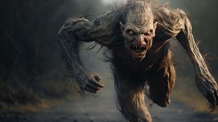 a big scary demon, captured in a hyper-detailed and realistic style, is seen running into the forest. the close-up shot showcases the dark beige and gray tones, adding to the eerie atmosphere. the dynamic and action-packed scene is intensified by the use of the rodenstock imagon 300mm f58 lens. this image embodies the themes of voidcore and frogcore. ai generatedの素材