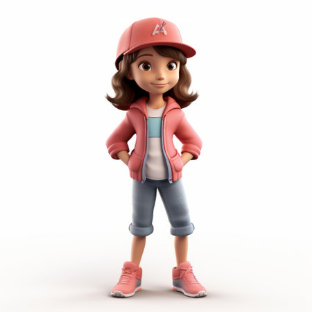 a cartoon girl in pink wearing a baseball cap is depicted in this photorealistic rendering. the girl's lifelike figure is reminiscent of disney animation, showcasing a full body view. this kidcore-inspired illustration by tooth wu captures the shiny details of the character's outfit and accessories. ai generatedの素材