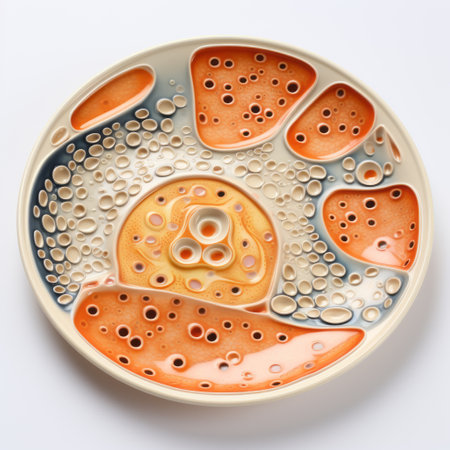 pottery by george oglen showcases colorful biomorphic forms in an aerial view. the style of light orange and light navy creates symmetrical harmony, resembling cellular formations. this artwork, reminiscent of patricia piccinini and jim lively's work, features dozens of dots merging to form captivating patterns. ai generatedの素材